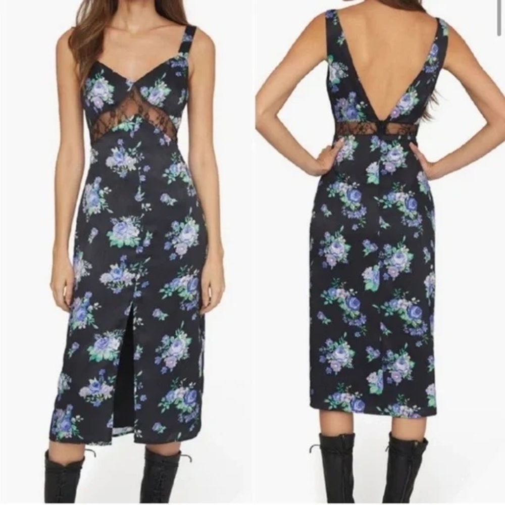 WeWoreWhat Black/Blue Floral Satin Slip Lace-Trim Midi Dress / Front Slit Sz M